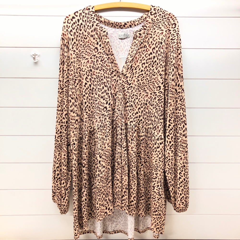 Wonderly Womens Plus 2X Leopard Print Babydoll Tunic Top Long Sleeve Brown Tan